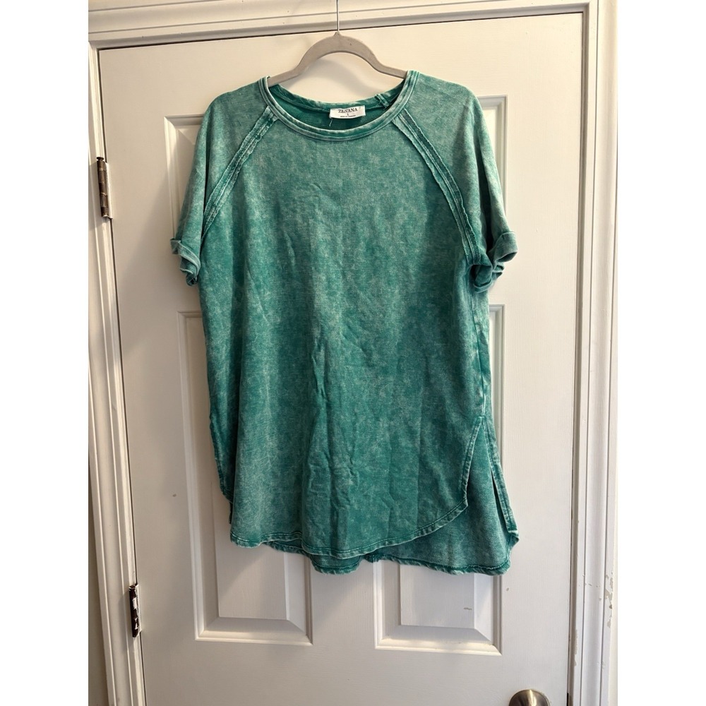 Zenana Acid Wash Crop Top Green Oversized Cotton Tee  size Large Exposed Hem